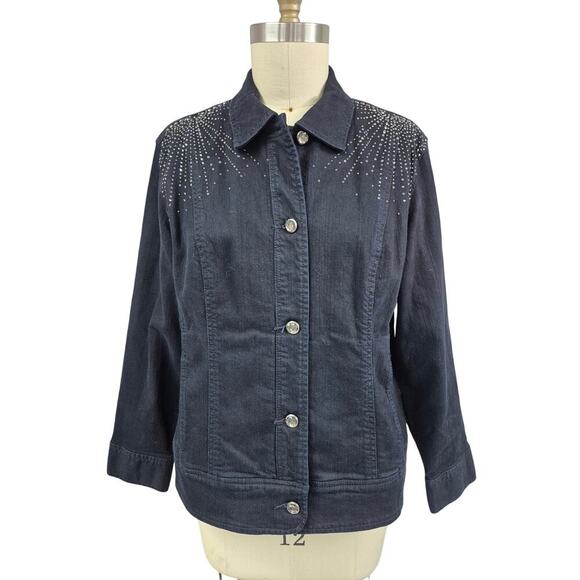CHICO’S 3 Platinum Embellished BLING Black Denim Jacket XL w/ Rhinestones NWOT - Picture 1 of 8